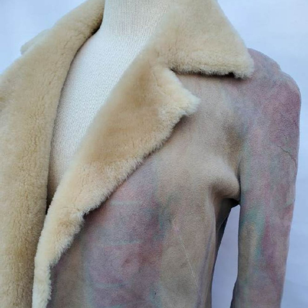 Donna Karan shearling suede leather Medium Coat Purple Pink blue beige tan dyed